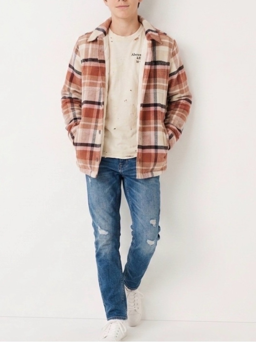 NEW Abercrombie youth Quilted Jacket size 15/16 Cream & Rust Plaid
